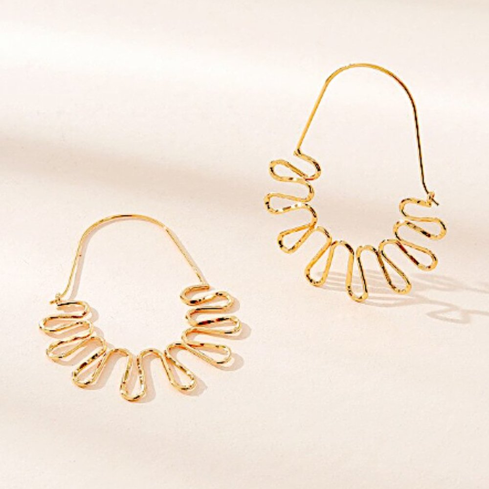 NEW~ Anthropologie Gold Wavy Curved Hoop Earrings